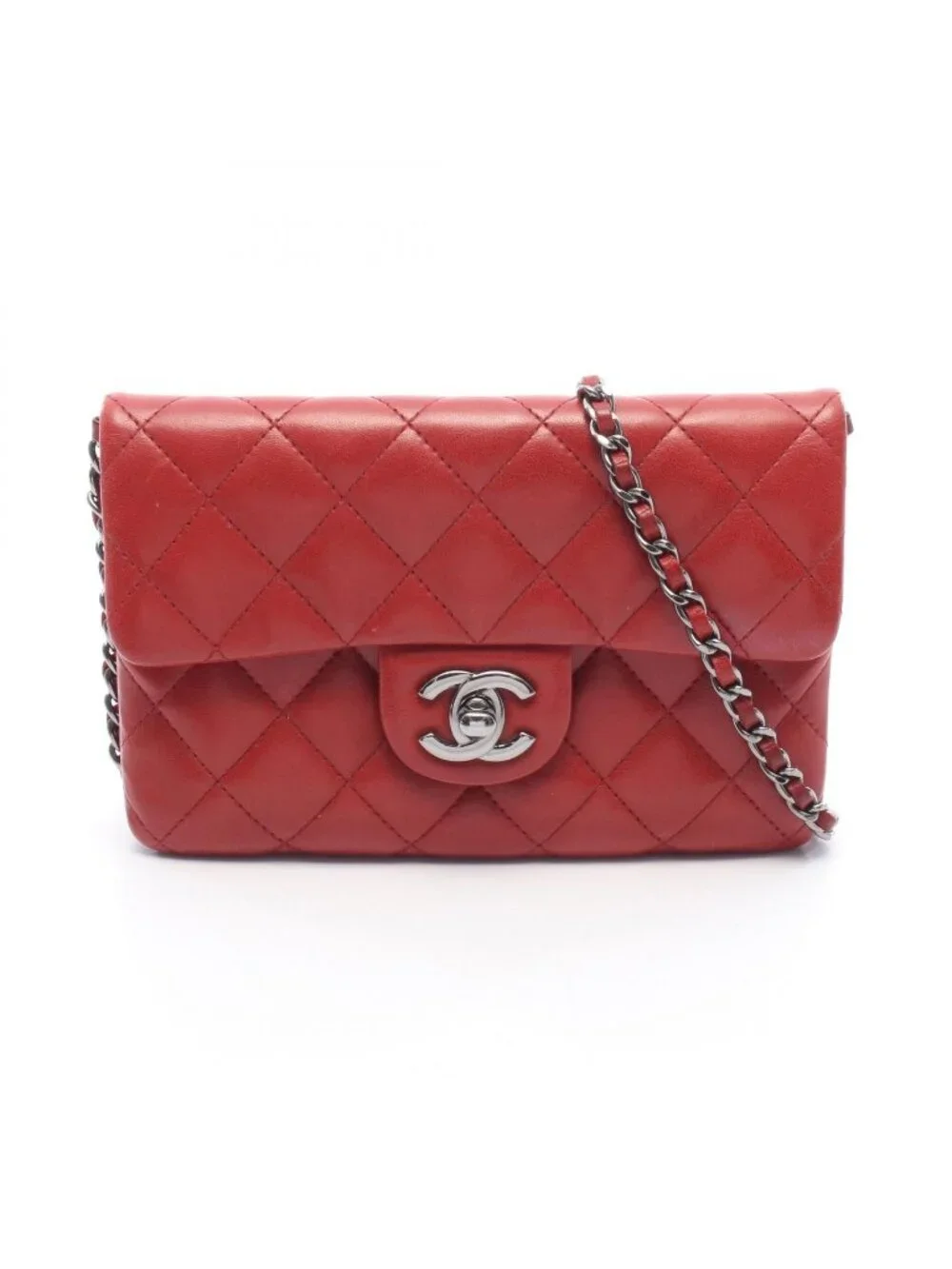Chanel Shoulder Bag Quilted Small Chain Red Lambskin